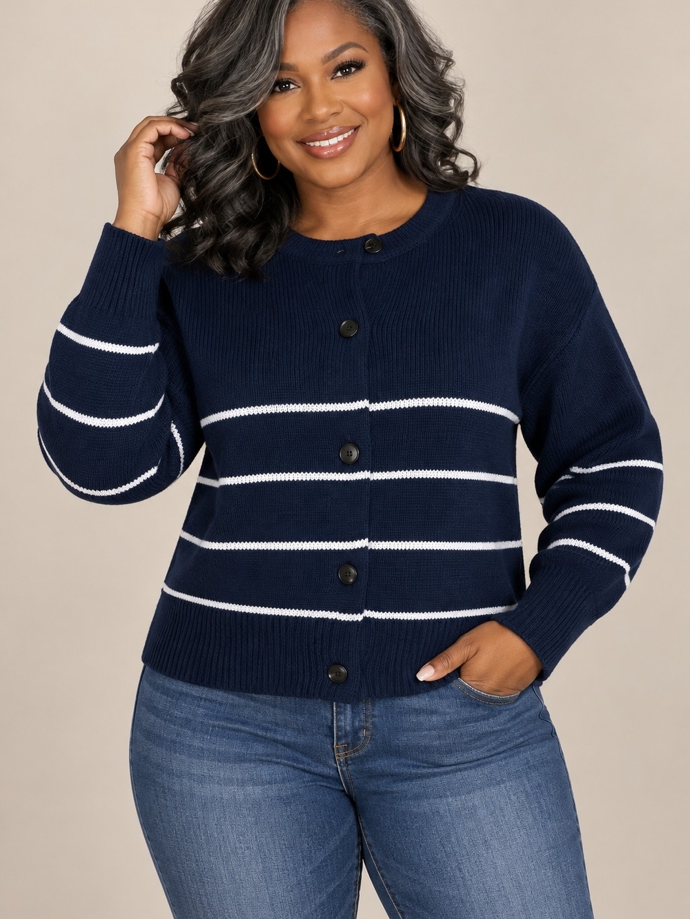 Time And Tru Navy Stripe Button-Front Women's Sweater XL - NWT